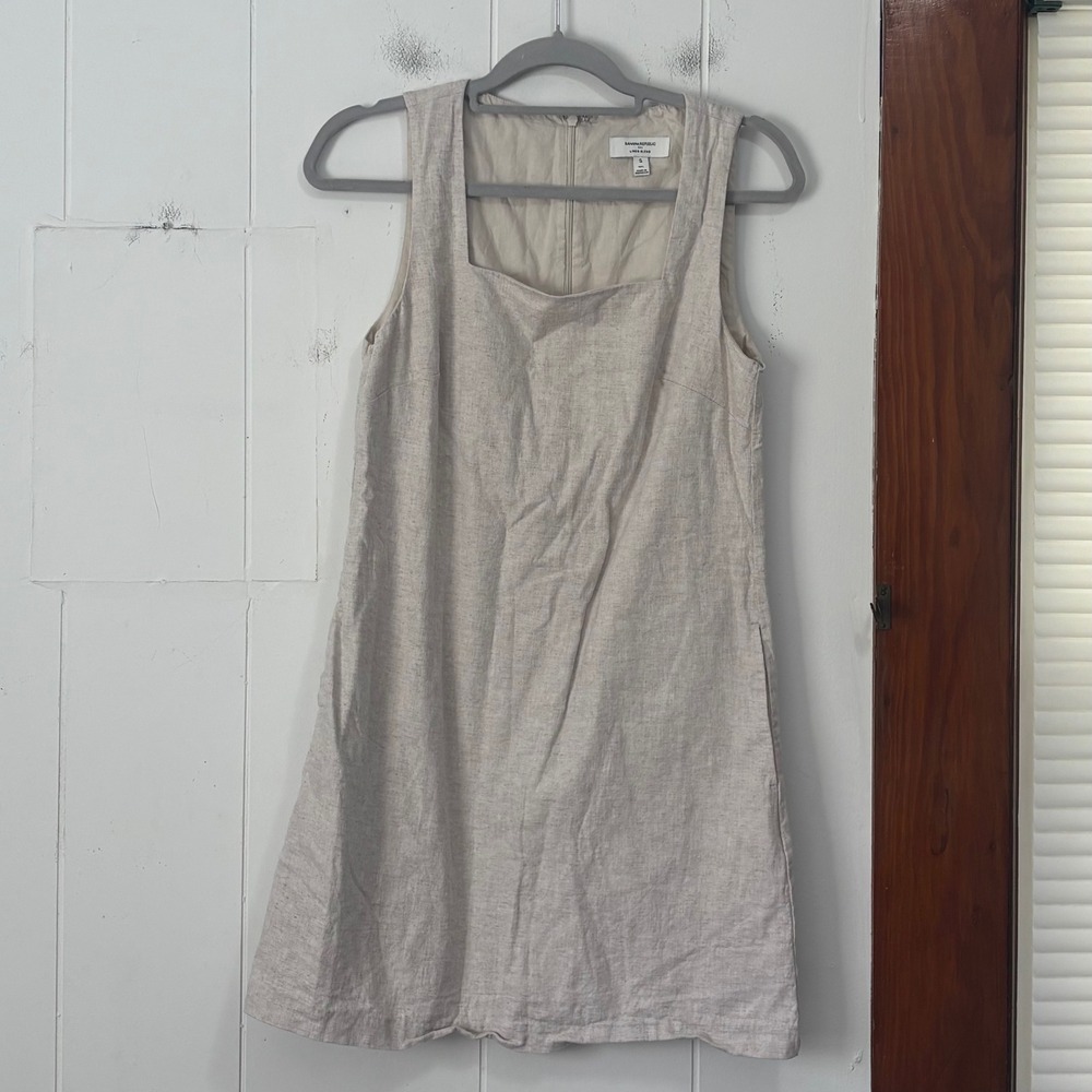 Banana Republic Linen Blend Square Neck Shift Dress Oatmeal Beige Small Tall